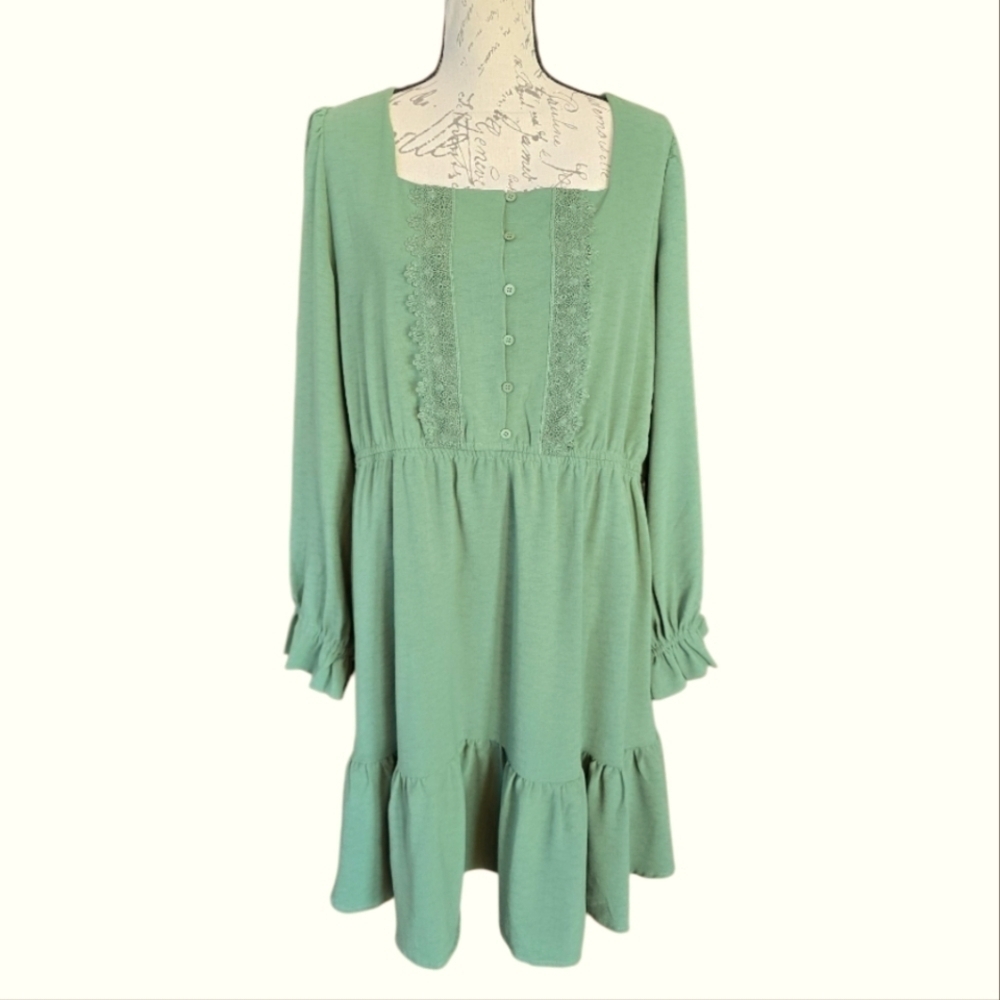 white birch Mint Green Long Sleeve Lace-Trim Babydoll Dress